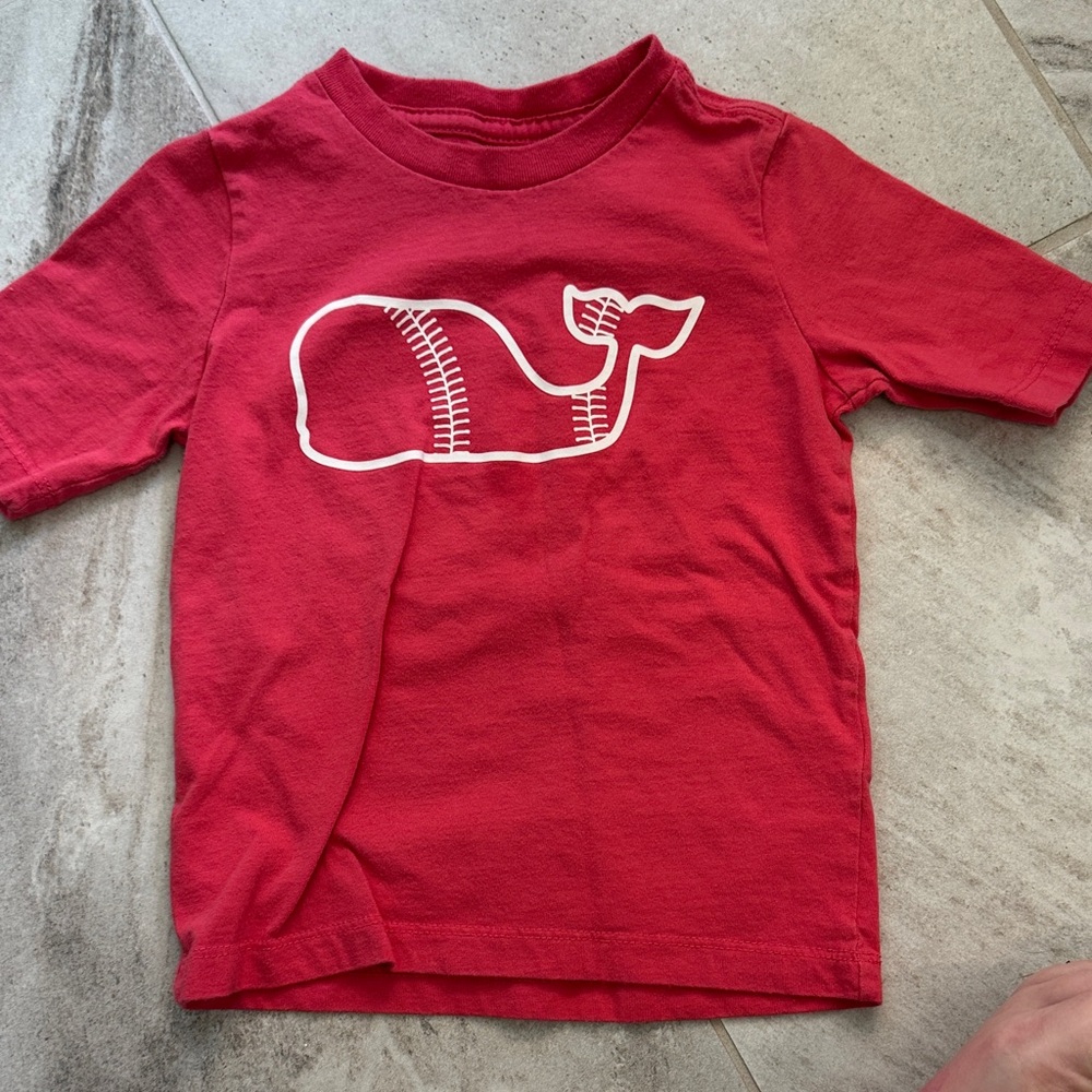 Vineyard Vines Red Kids T-Shirt with Whale Design- Baseball